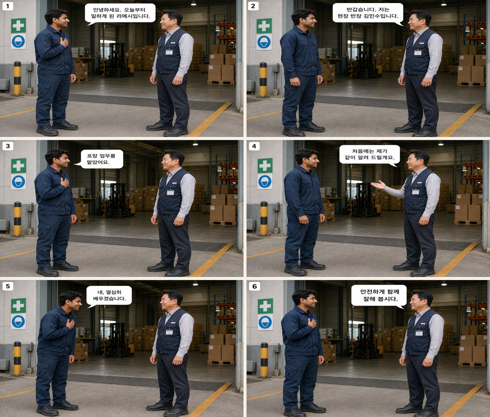Yabancı bir işçinin ilk iş günündeki selamlaması — 외국인 근로자의 첫 출근 인사 Korean dialogue storyboard