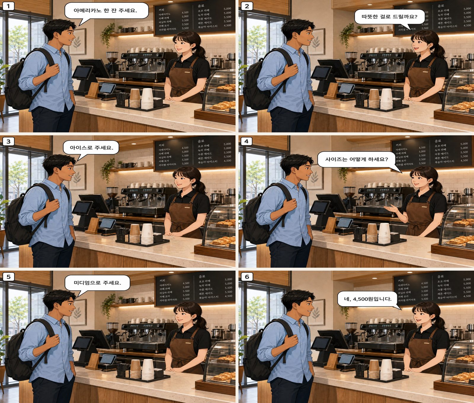 سفارش نوشیدنی پایه — 기본 음료 주문 Korean dialogue storyboard