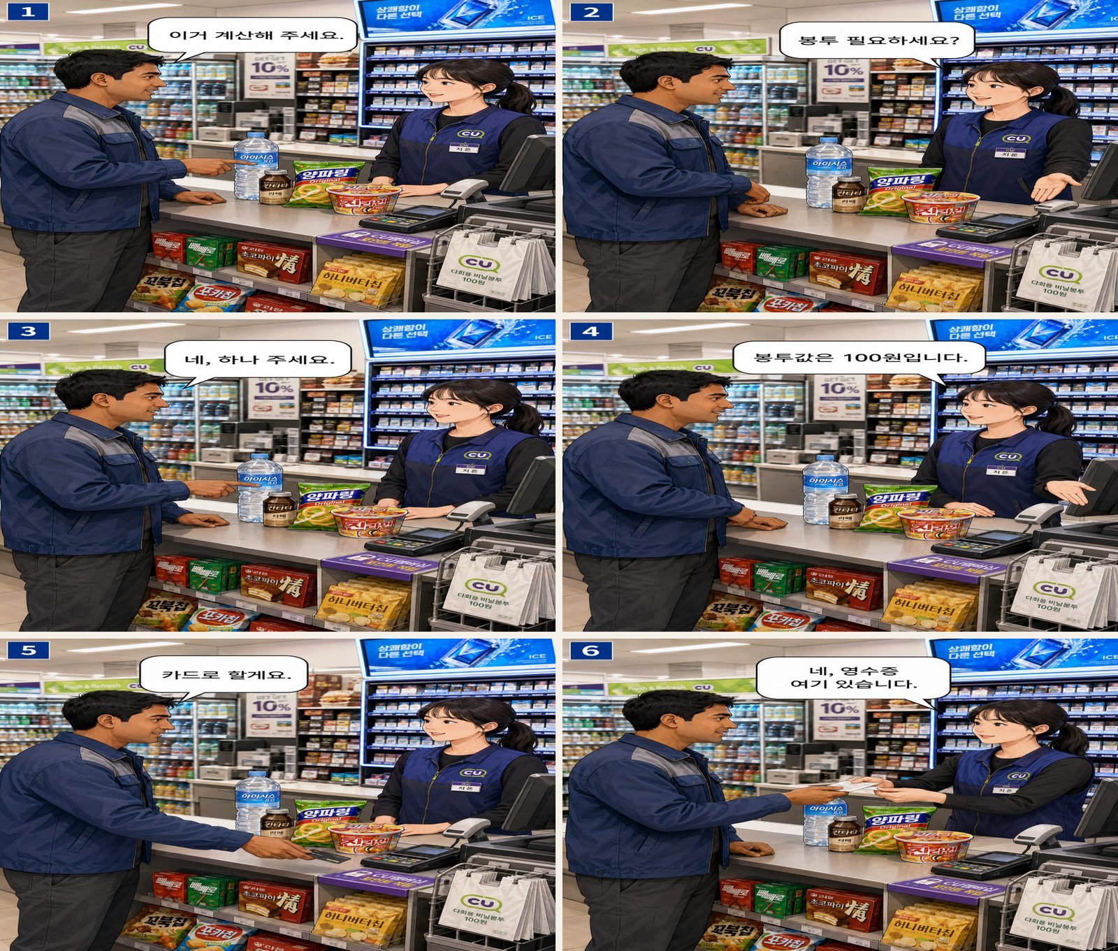 การชำระเงินที่ร้านสะดวกซื้อ — 편의점에서 계산하기 Korean dialogue storyboard