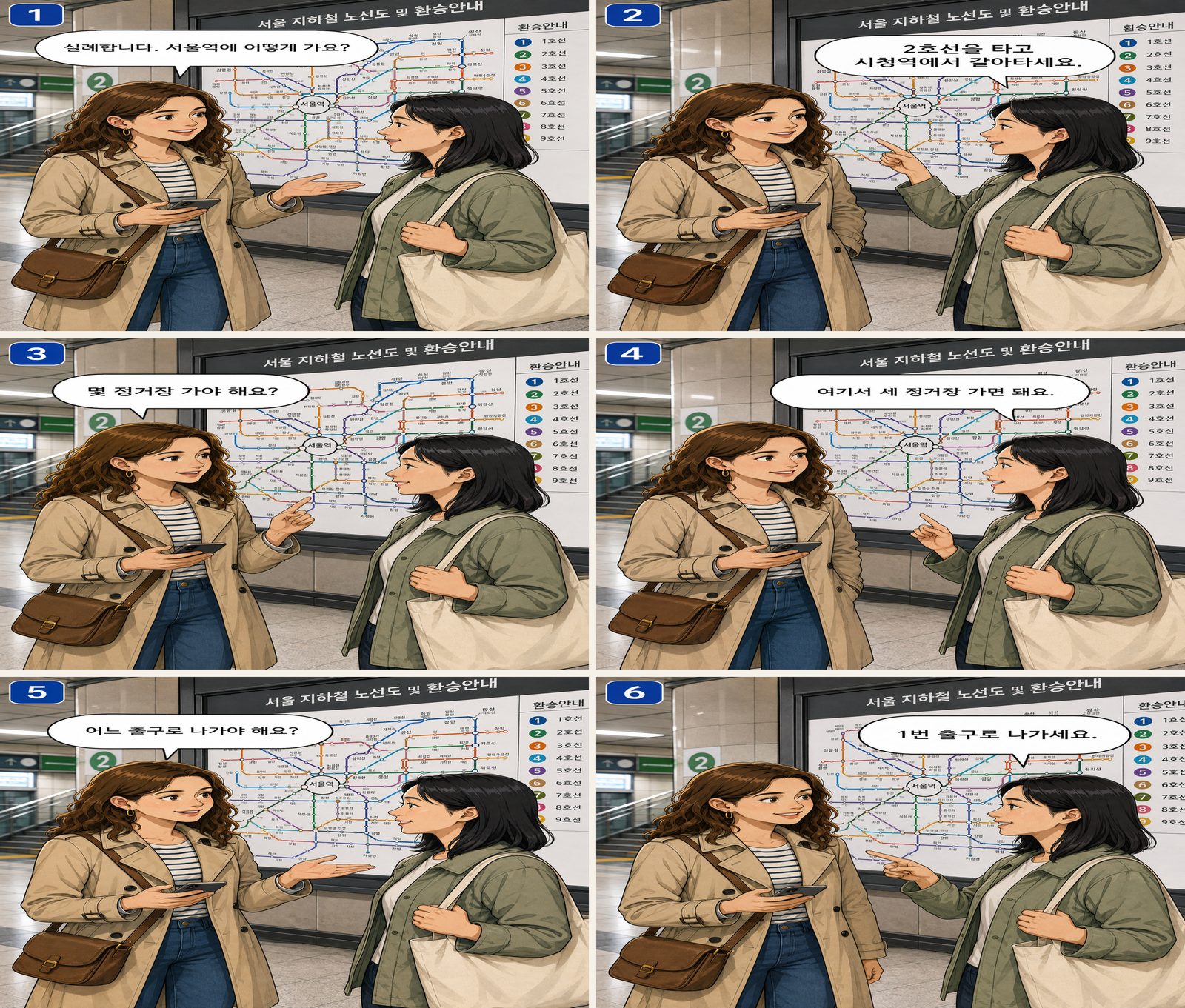 Nach dem Weg mit der U-Bahn fragen — 지하철 길 묻기 Korean dialogue storyboard