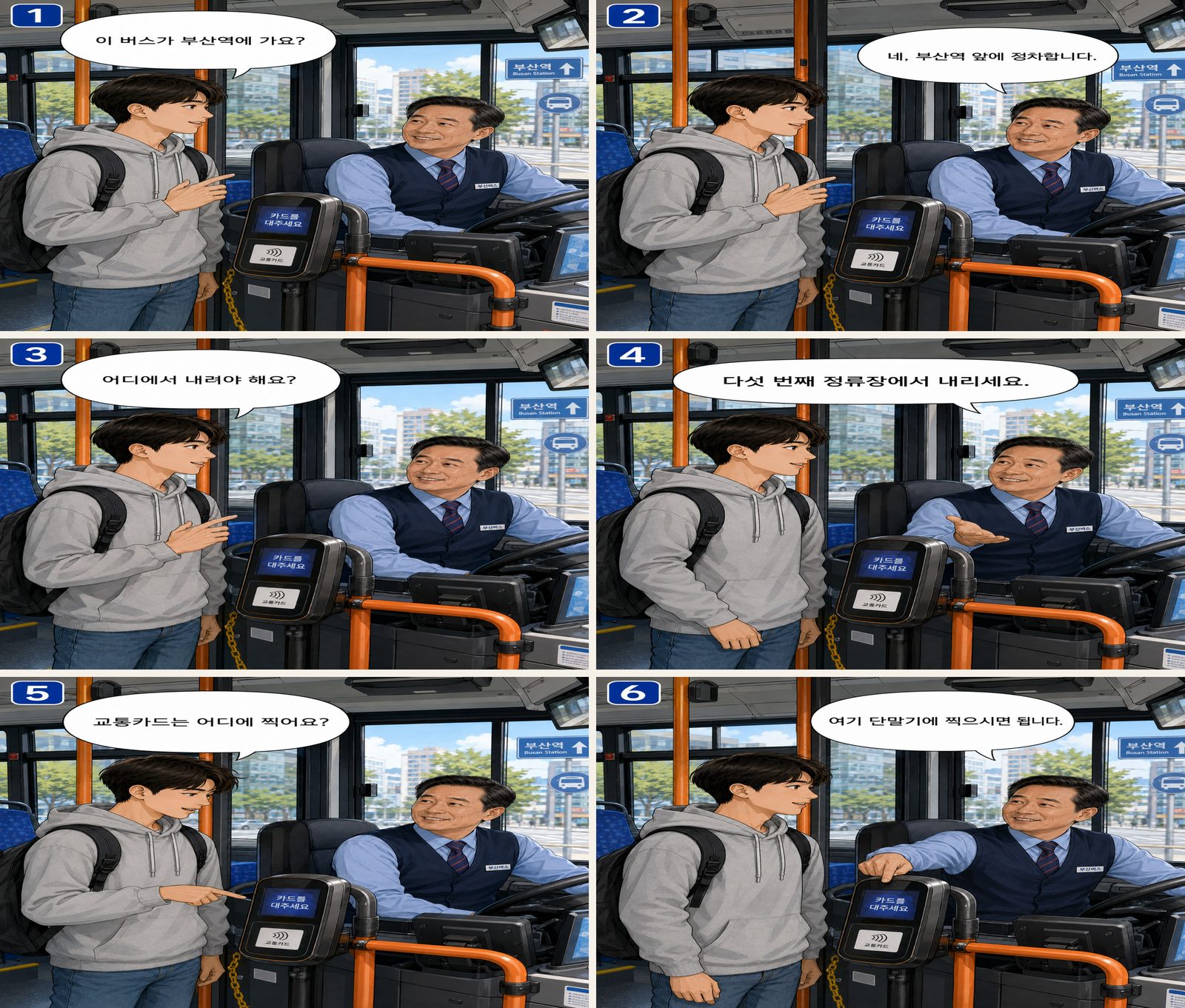 Bus nutzen — 버스 이용 Korean dialogue storyboard