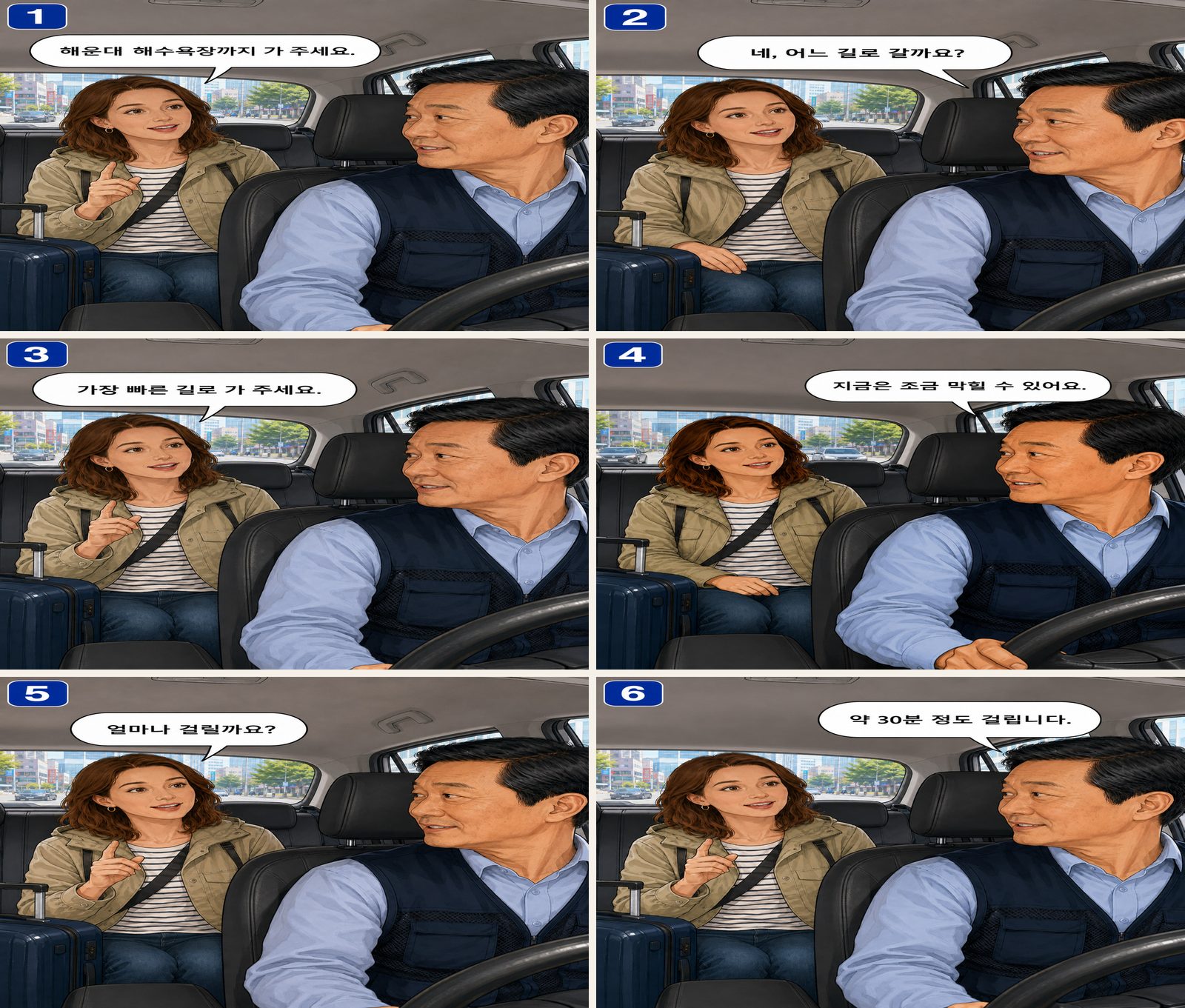 Taxifahrt — 택시 이용 Korean dialogue storyboard