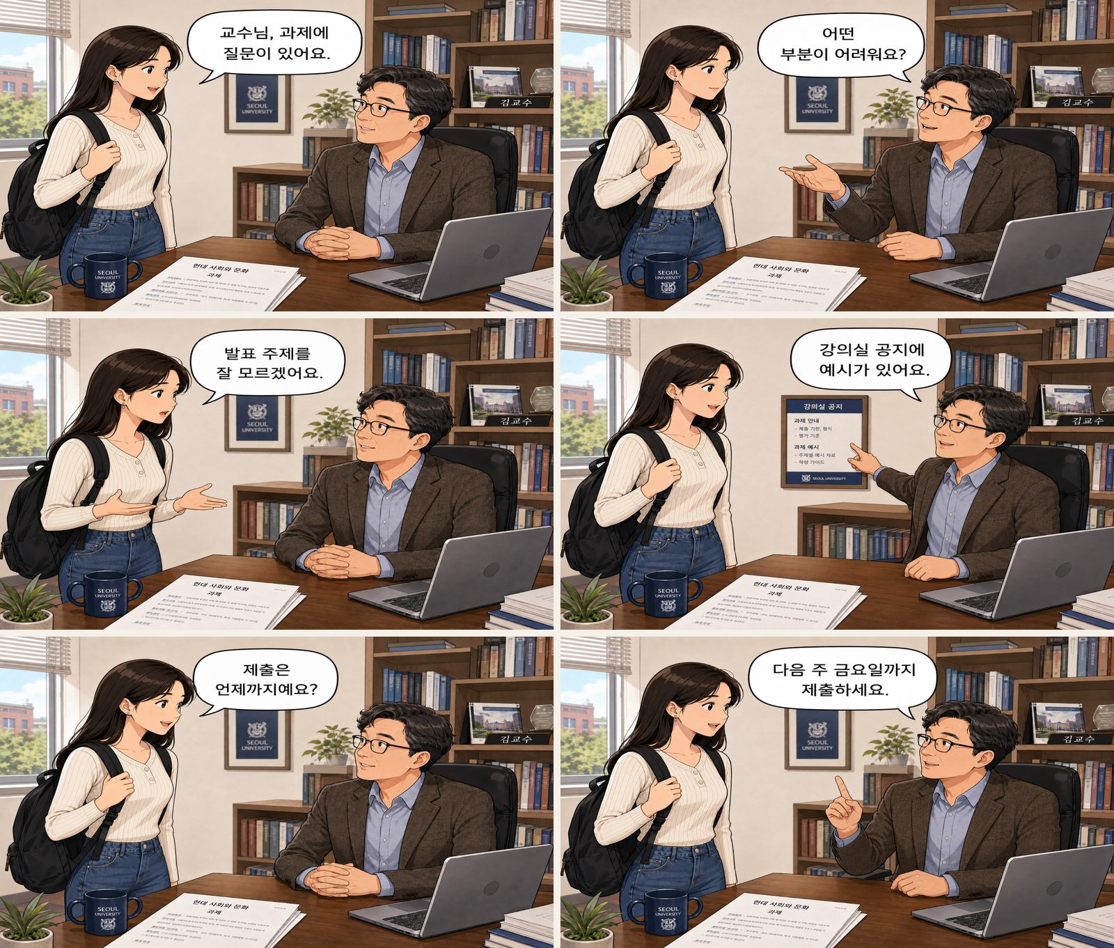Einen Professor nach der Hausaufgabe fragen — 교수에게 과제 질문하기 Korean dialogue storyboard