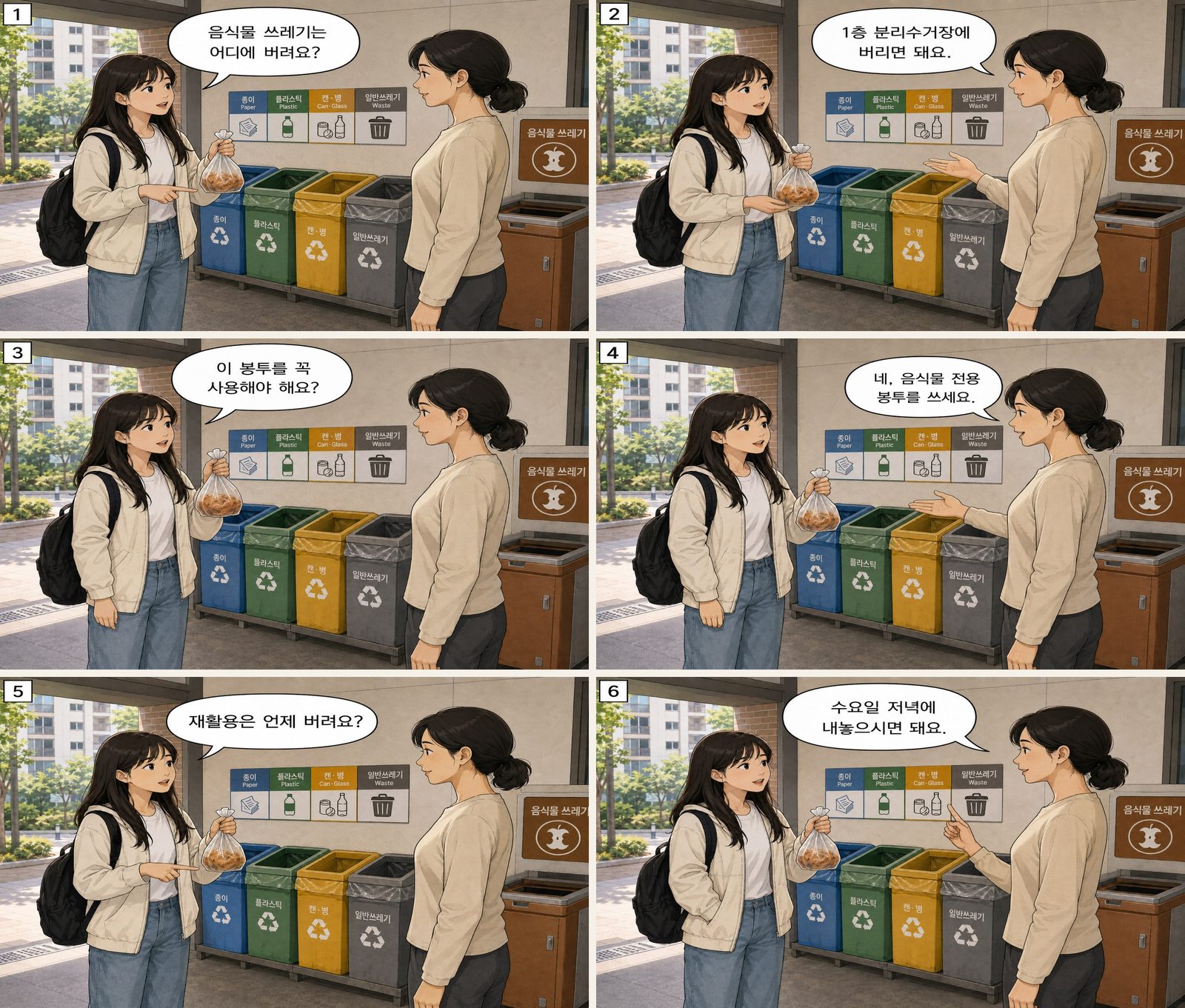 Mülltrennung — 쓰레기 분리배출 Korean dialogue storyboard
