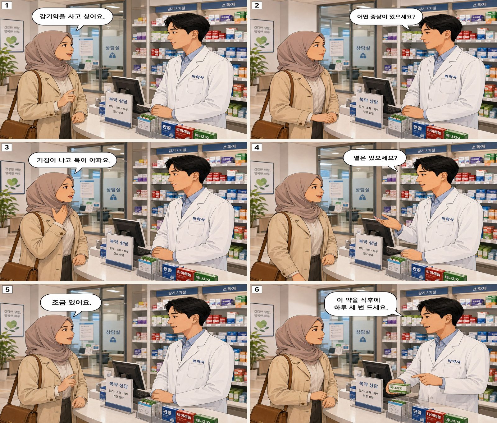 Erkältungsmittel in der Apotheke kaufen — 약국에서 감기약 사기 Korean dialogue storyboard