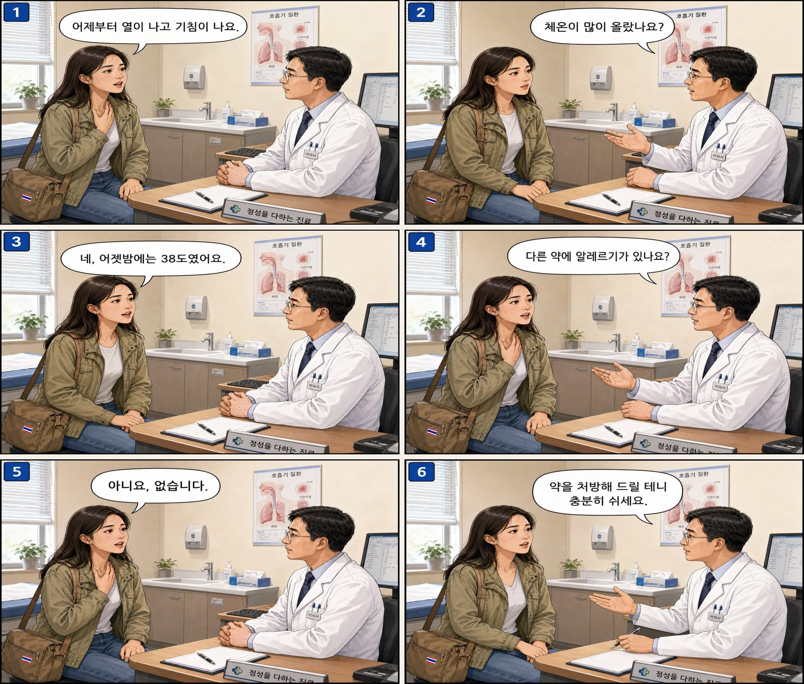 توضیح علائم برای پزشک — 의사에게 증상 설명 Korean dialogue storyboard