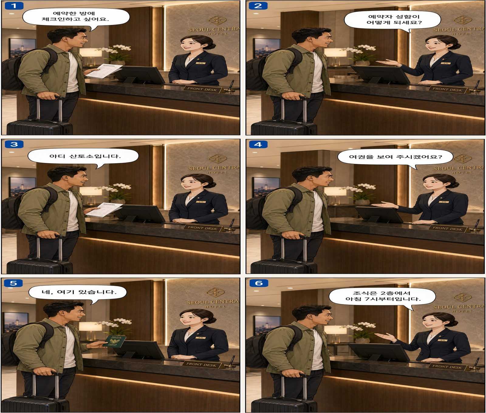 Hotel Check-in — 호텔 체크인 Korean dialogue storyboard