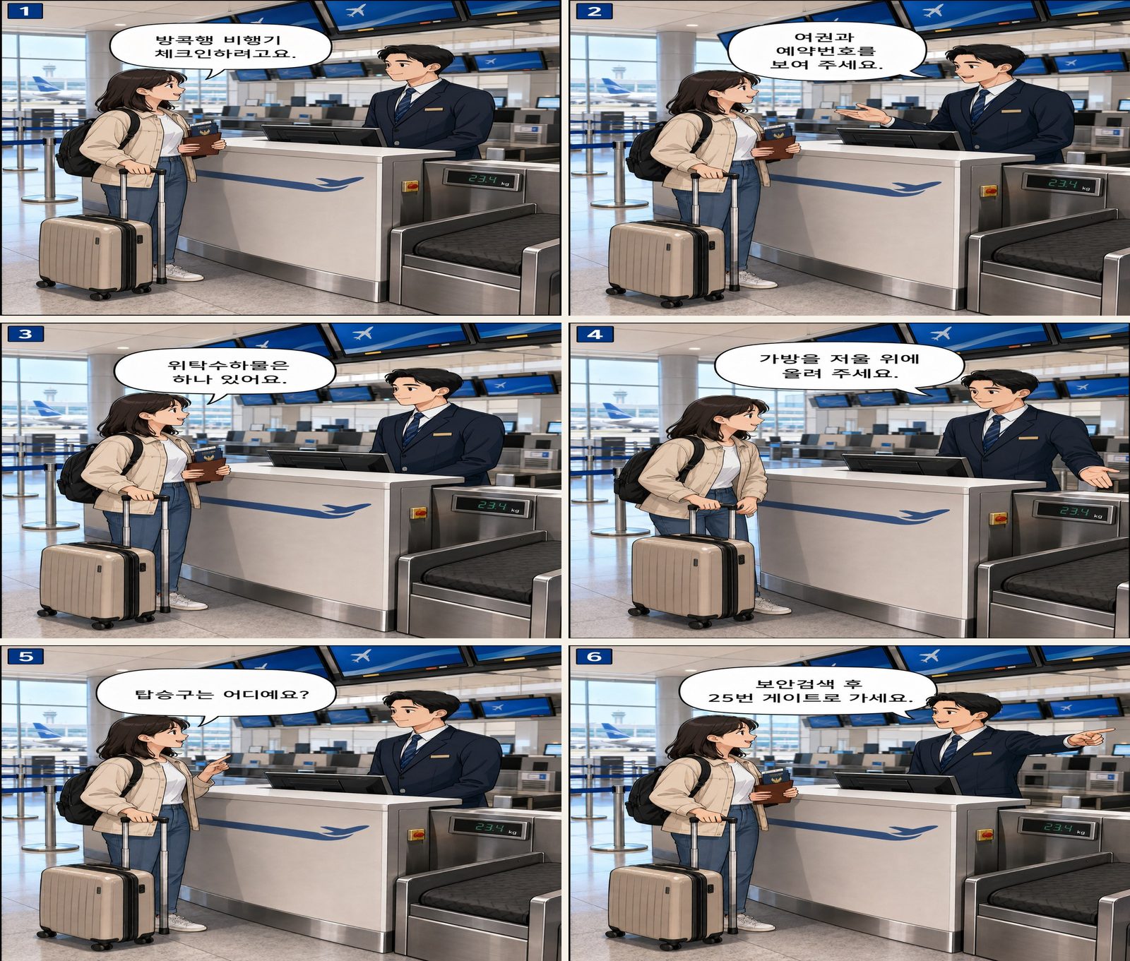 چک‌این فرودگاه — 공항 체크인 Korean dialogue storyboard