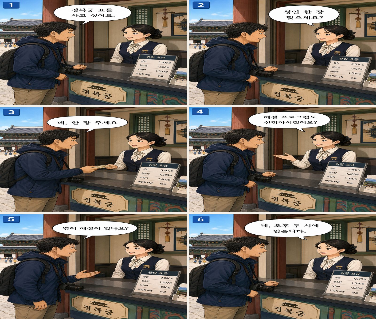 Eintrittskarte für eine Sehenswürdigkeit kaufen — 관광지 입장권 구매 Korean dialogue storyboard
