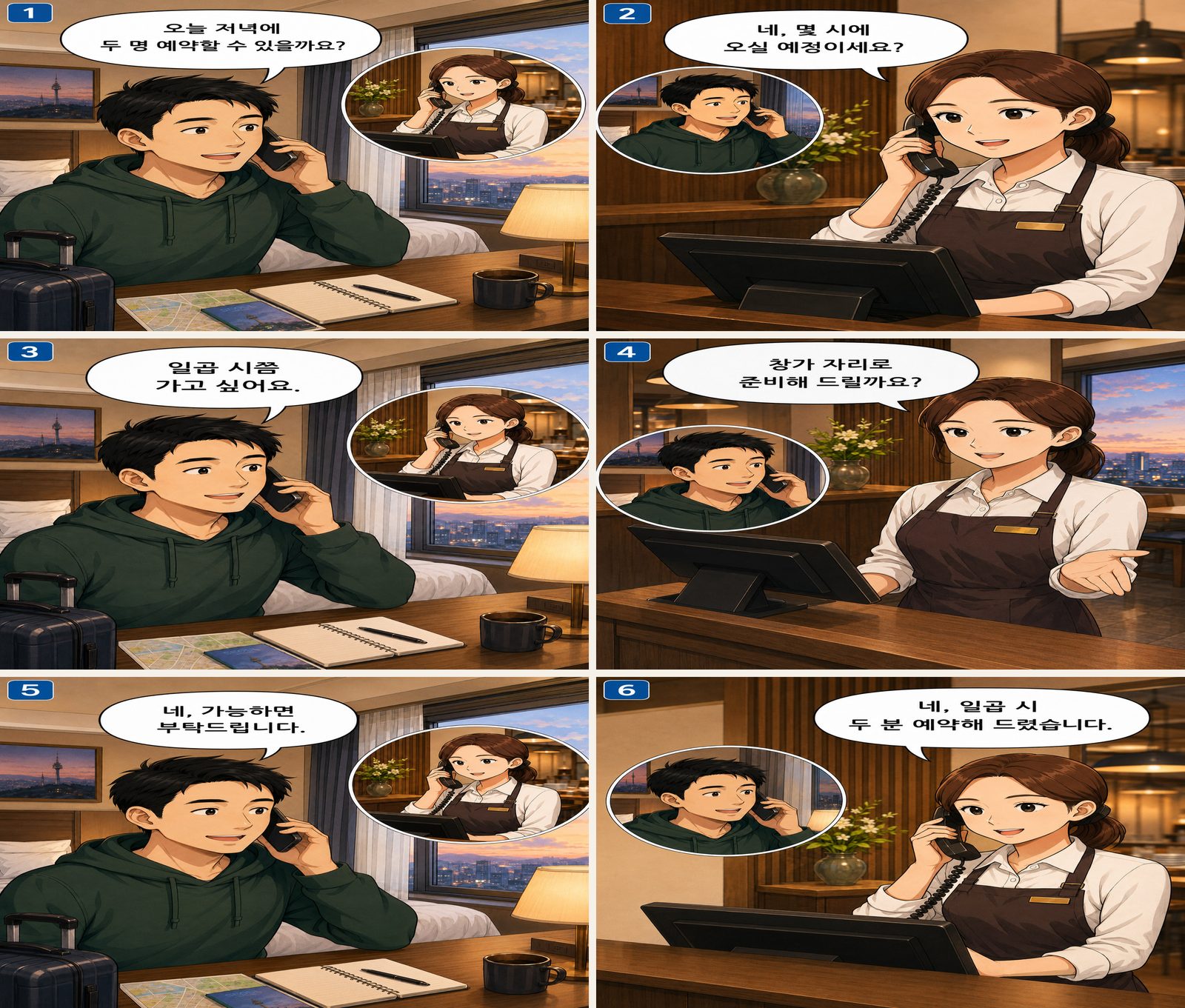 Telefonla restoran rezervasyonu — 전화로 식당 예약 Korean dialogue storyboard